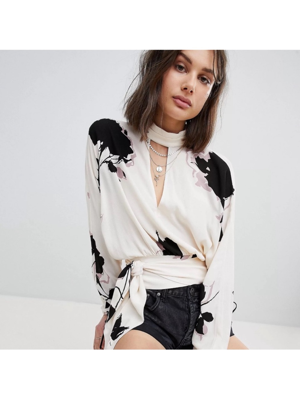 Free People Say You Love Me Blouse Floral Tie Long Sleeve Top as seen on TV